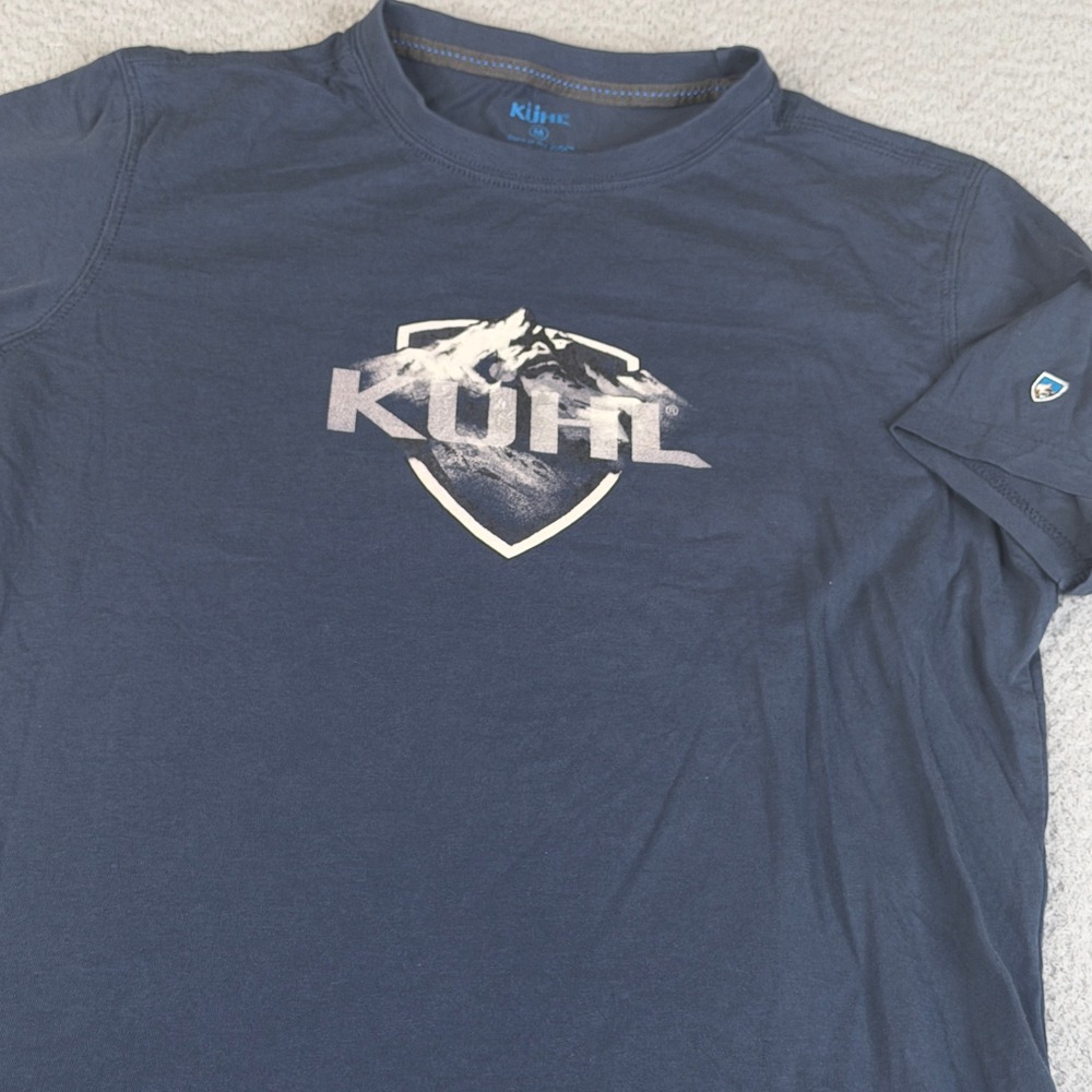 KUHL T-Shirt Mens M Navy Blue Crew Neck Short Sleeve Mountain Logo Hiking Casual
